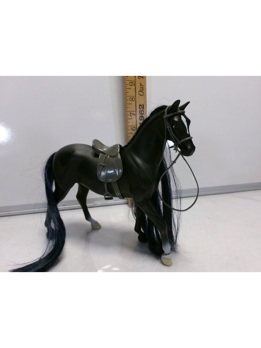 Black Toy Horse with Saddle and Bridle Long Blue Black Mane Tail